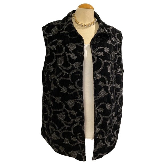 ALLISON DALEY Vest Size 18W Black Velvet with Raised Silver Flowers Curvy - Picture 3 of 13